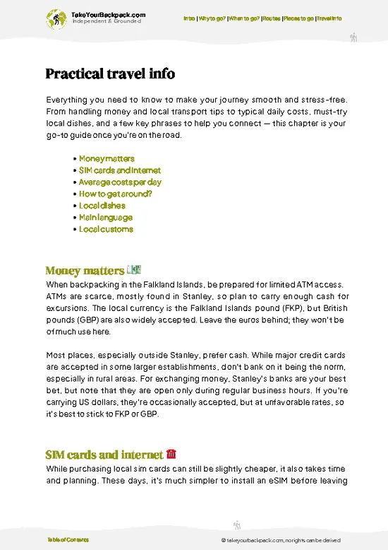 example page 7 from our offline Travel Guide for Falkland Islands